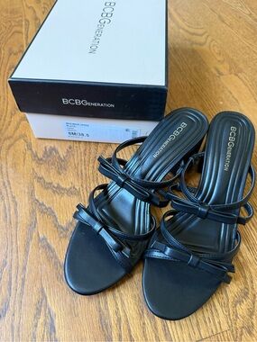 BCBGeneration Black Strappy Bow Slide Heels
